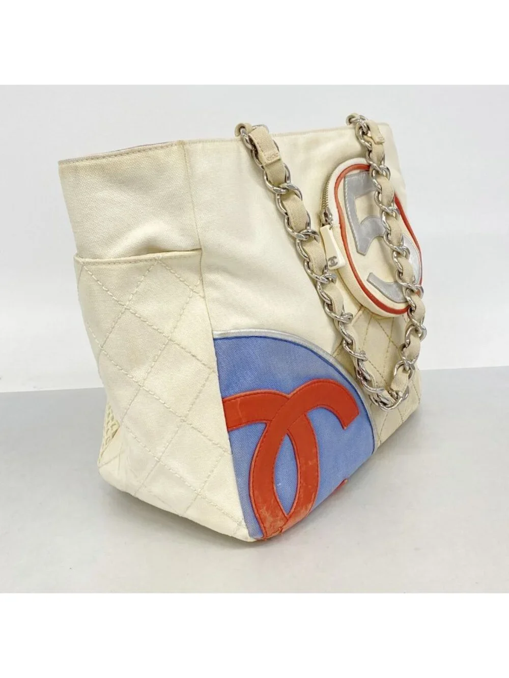 Chanel Chain Tote Bag Canvas White Blue Silver